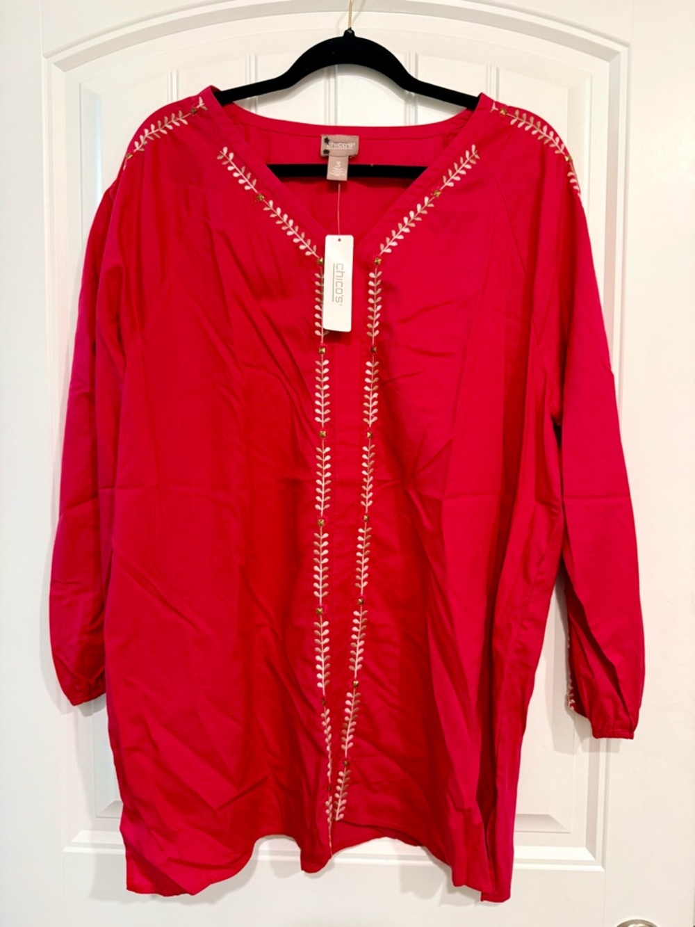 Chico’s Cotton Blend Hot Pink Embroidered V-Neck Tunic Sz 3 NWT